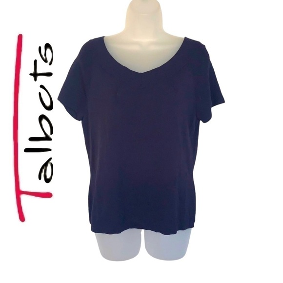 TALBOTS Black Basic Double V-Neck Short Sleeve Rayon Top Size Large - Picture 1 of 12